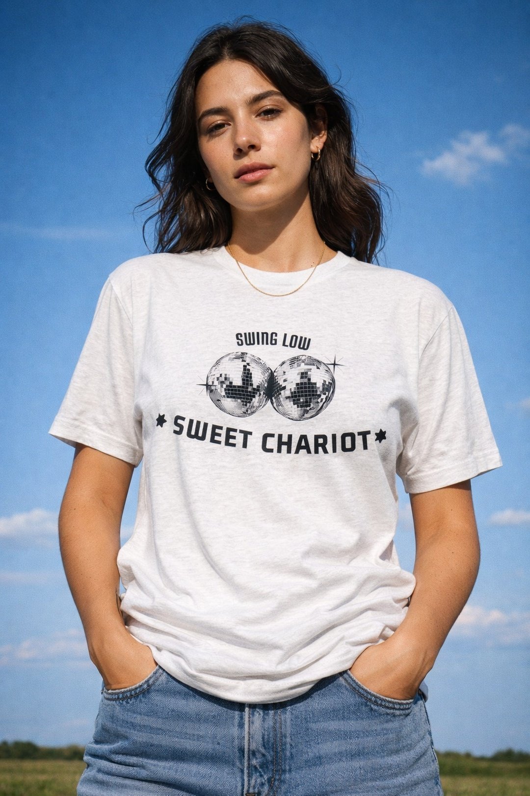 SWING LOW SWEET CHARIOT, disco balls worn by a model